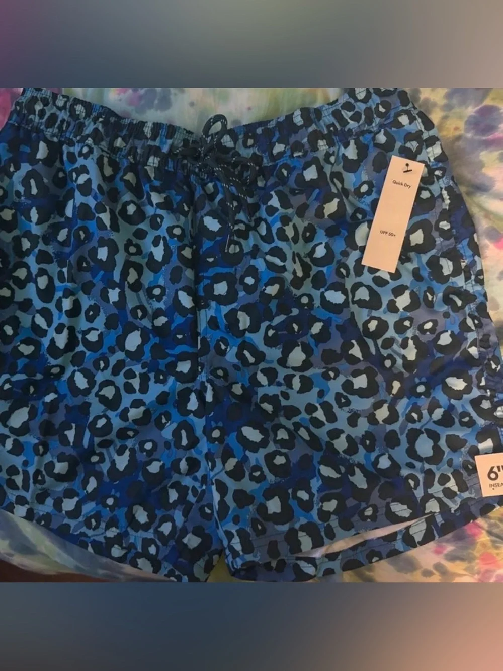 No Boundaries - Men’s Blue Leopard Print Elastic-Waist Swimming Shorts